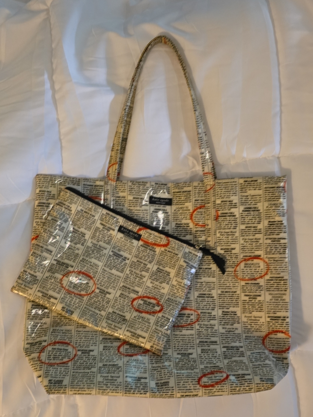 Kate Spade Newspaper Print Tote Bag & Pouch - Like New